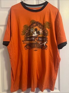 Disney Land Bright Orange Mickey Surf Graphic Tee with Black Trim